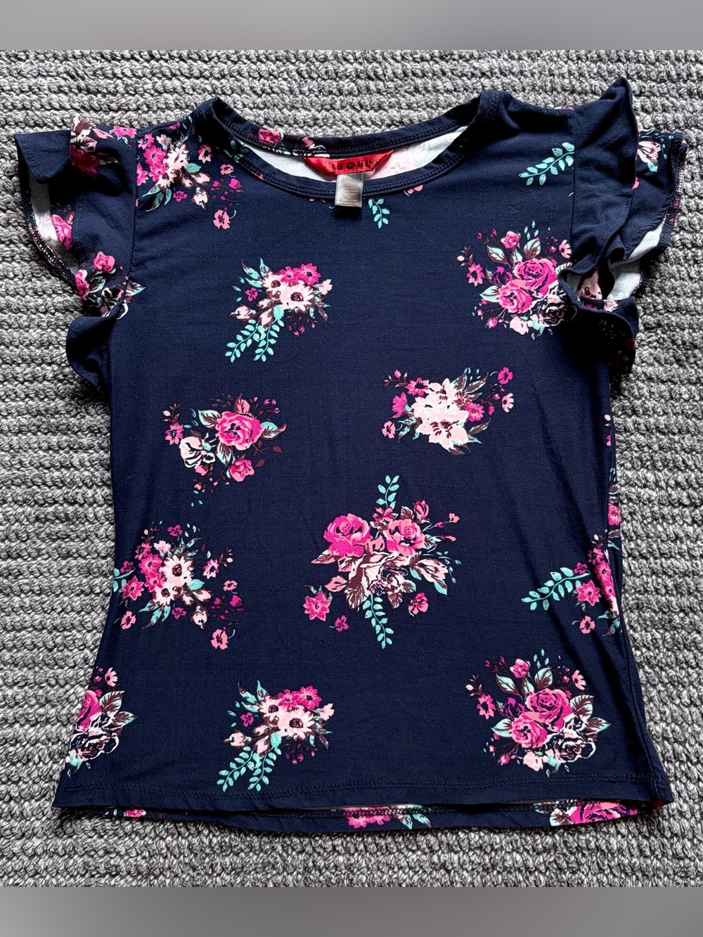 Women’s Navy Blue Floral Blouse - Short Flutter Sleeve Dress Top, Size M